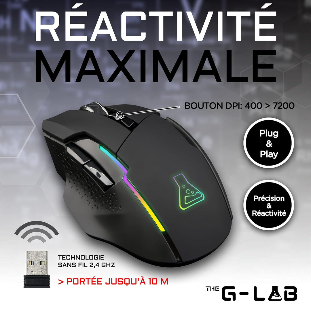 The G-LAB Kult Caesium Gaming-Maus, kabellos, wiederaufladbar – hohe Leistung 7200 DPI, LED RGB, 6 T