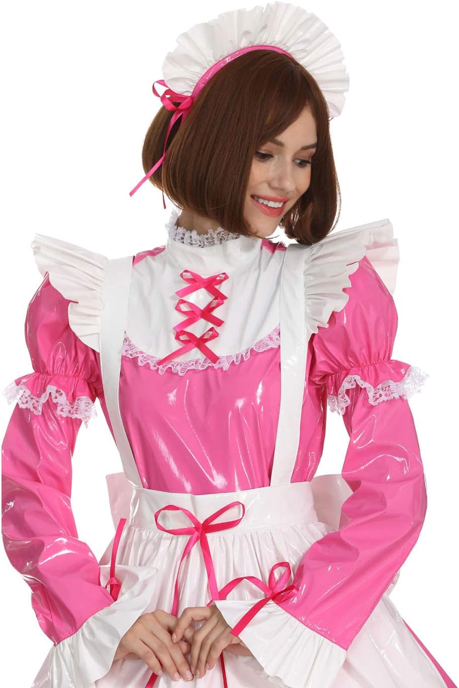 GOceBaby Frauen Sissy Dienstmädchen Gotisch Schleife Rosa PVC Verschliessbar Kleid Crossdress mit La