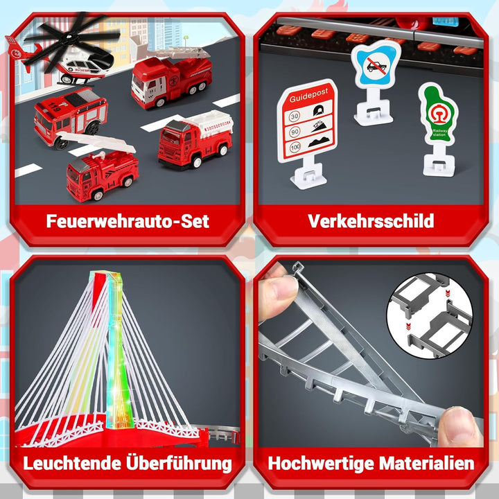 JONRRYIN Kinder Eisenbahnschiene Zug Spielzeug Set, Autorennbahn Spielzeug mit Zug&Autobahnautos, fü