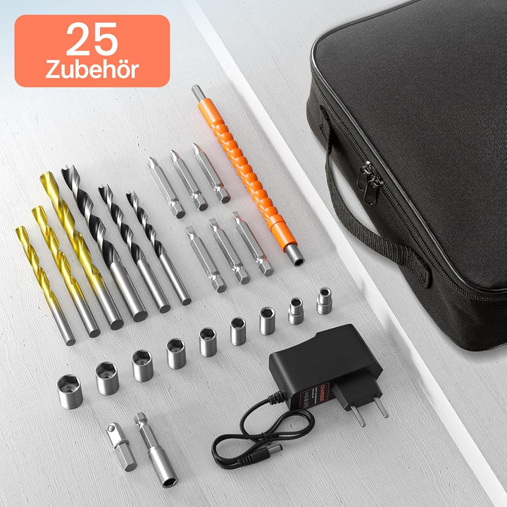 Akkuschrauber, 12V Akku Bohrschrauber Set mit 2000mAh Akku, 24tlg Zubehör und Tragetasche, Akkubohre