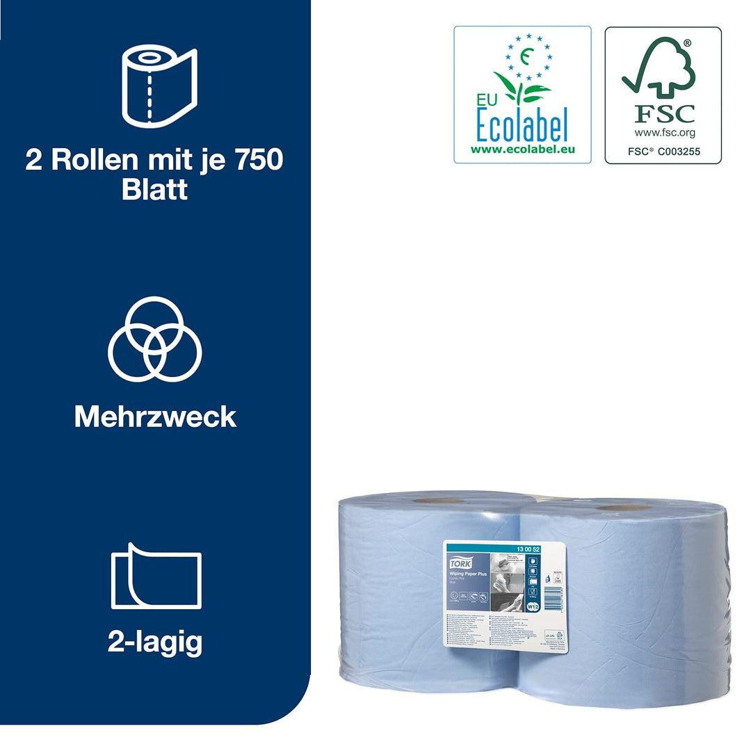 Tork 130052 Starke Mehrzweck Papiertücher für W1/W2 Systeme / 2-lagiges saugfähiges Papier in Blau /