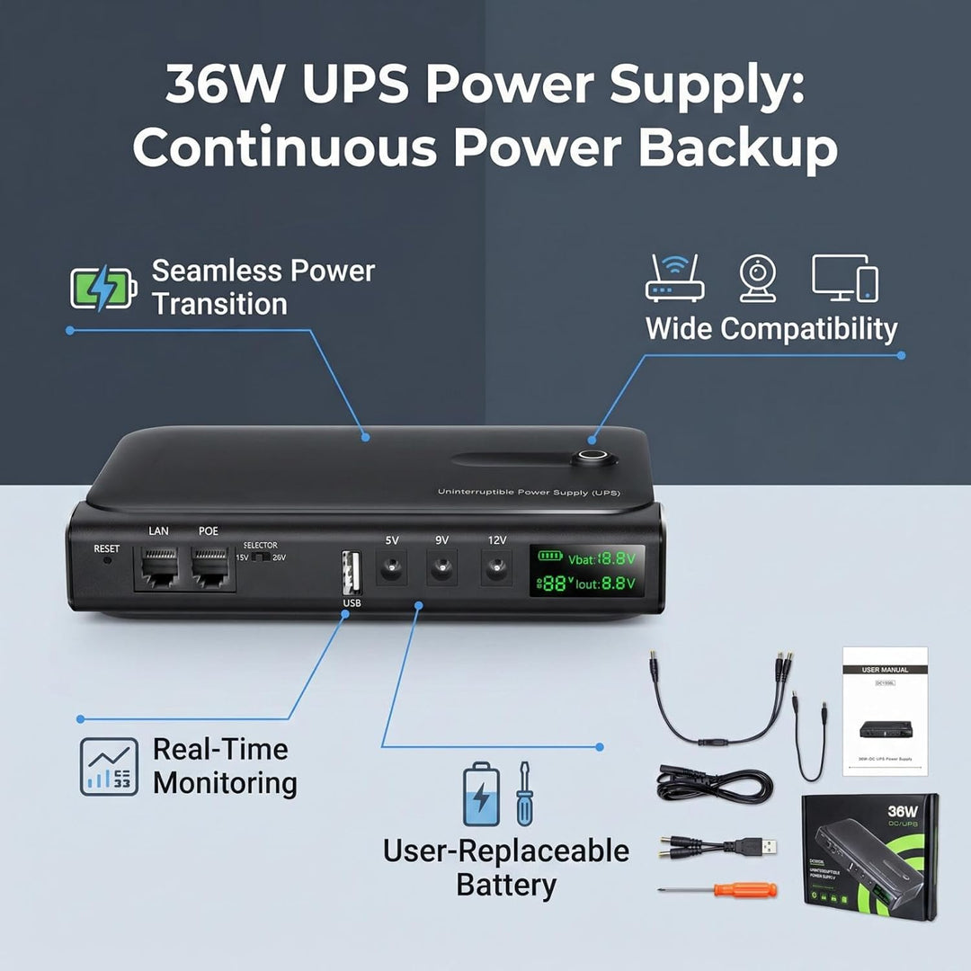 Fafeicy 36 W Unterbrechungsfreie Stromversorgung DC1036L USV-Notstromversorgung mit LED-Anzeige, Meh