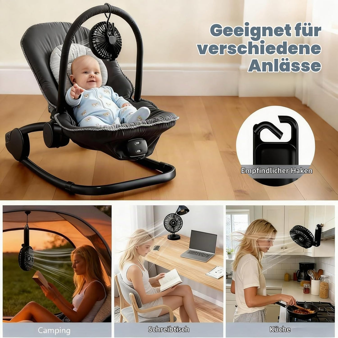 VanSmaGo Handventilator Akku Aufladbar, 5 Stufen USB Fan (Full Black) | Tisch/Hand/Reise, 8,5 Std. A