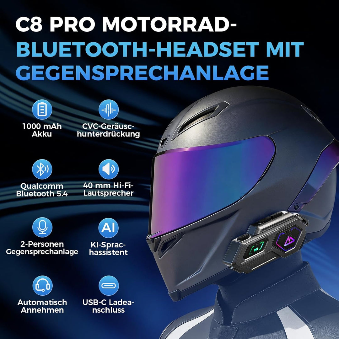 C8 Pro Motorrad Headset mit Gegensprechanlage, Helm Kommunikationssystem für 2 Personen, HD Lautspre