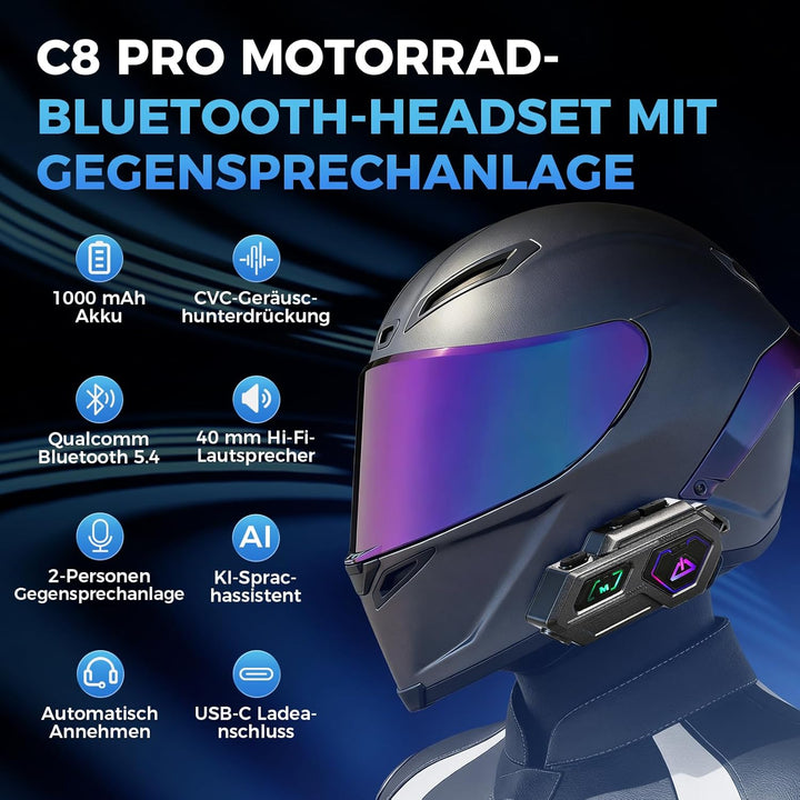 C8 Pro Motorrad Headset mit Gegensprechanlage, Helm Kommunikationssystem für 2 Personen, HD Lautspre
