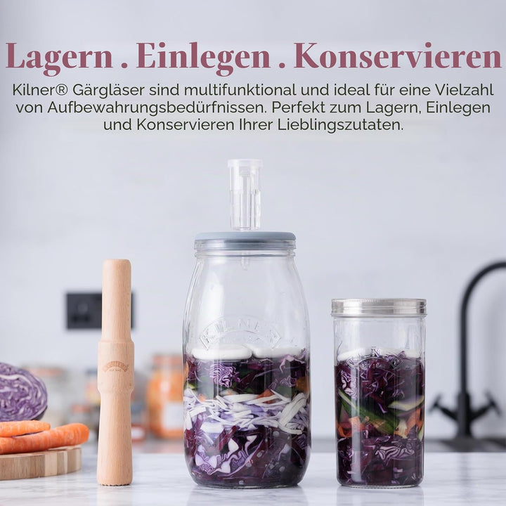 KILNER Fermentier Set, 3 Liter Glas mit Gärungsdeckel, einfaches Haltbarmachen von Gemüse, 1x Kilner