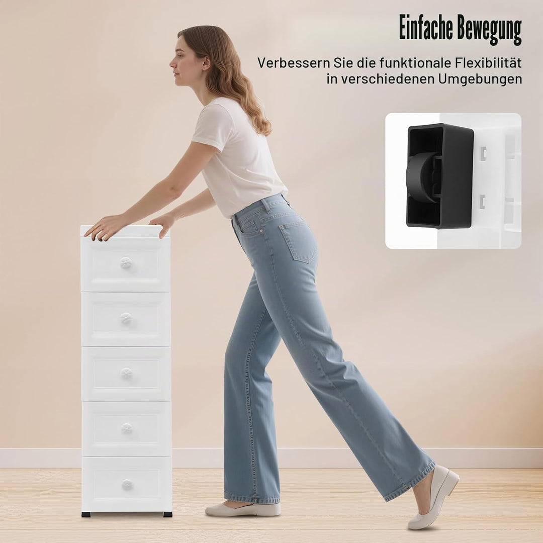 Rollcontainer | 5-Schubladen Schrank mit Rädern | Weiss &amp; Modern | Platzsparend &amp; Staubdicht | Für K