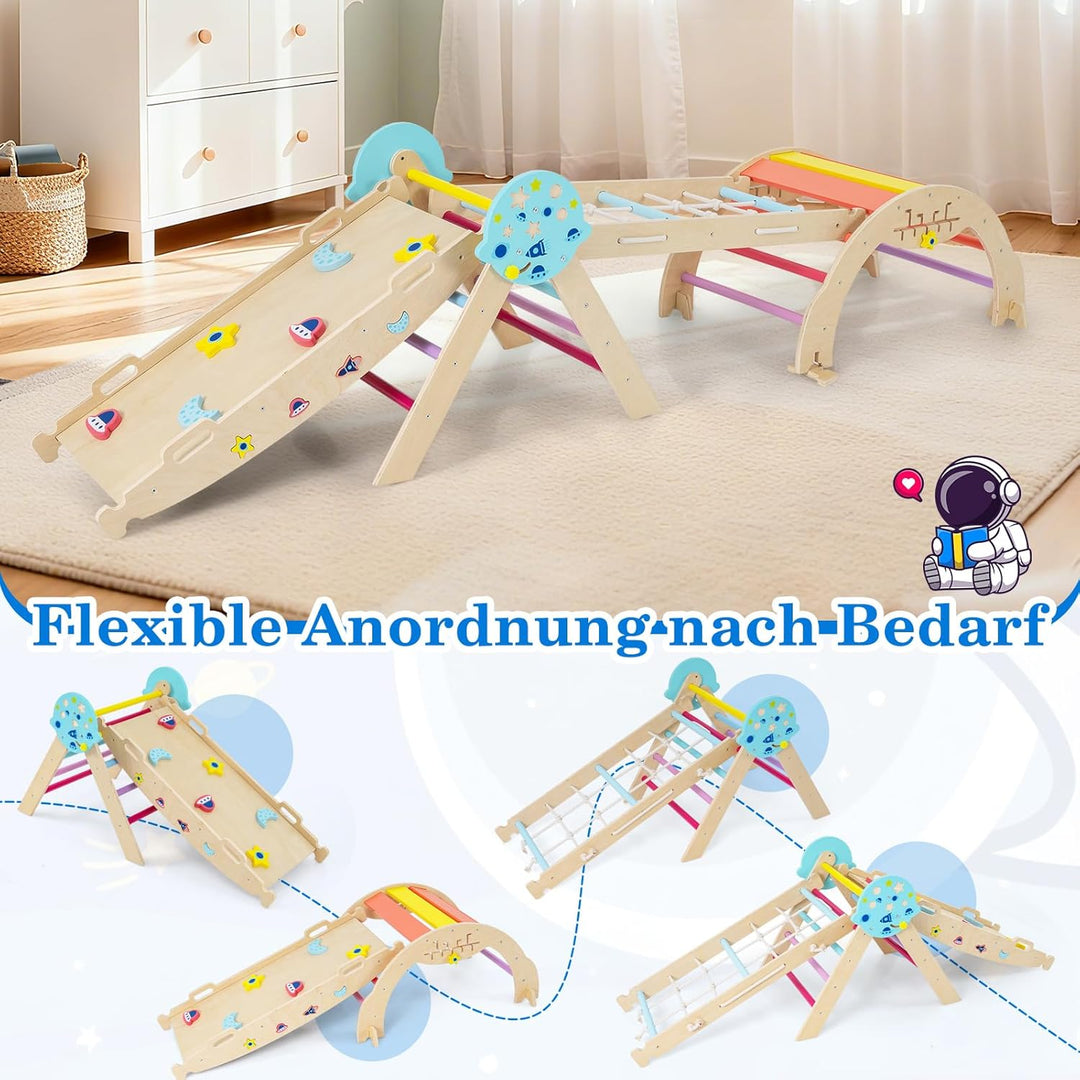 COSTWAY Klettergerüst Indoor 4er Set, klappabres Kletterdreieck mit Rutsche, Kletterbogen, Netz, ink