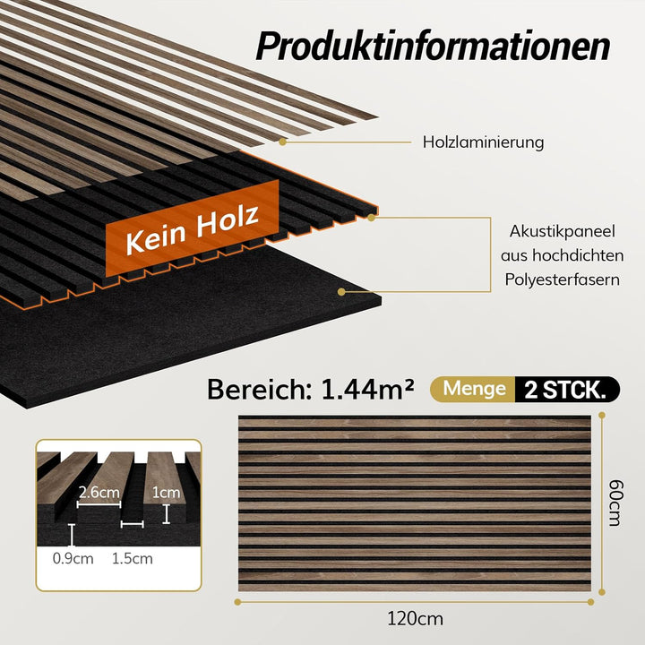 TONOR Holzfurnier Akustikpaneele selbstklebend,1,44m²-2 Stück 120x60x1,9cm 3D Wandpaneele Holzoptik,