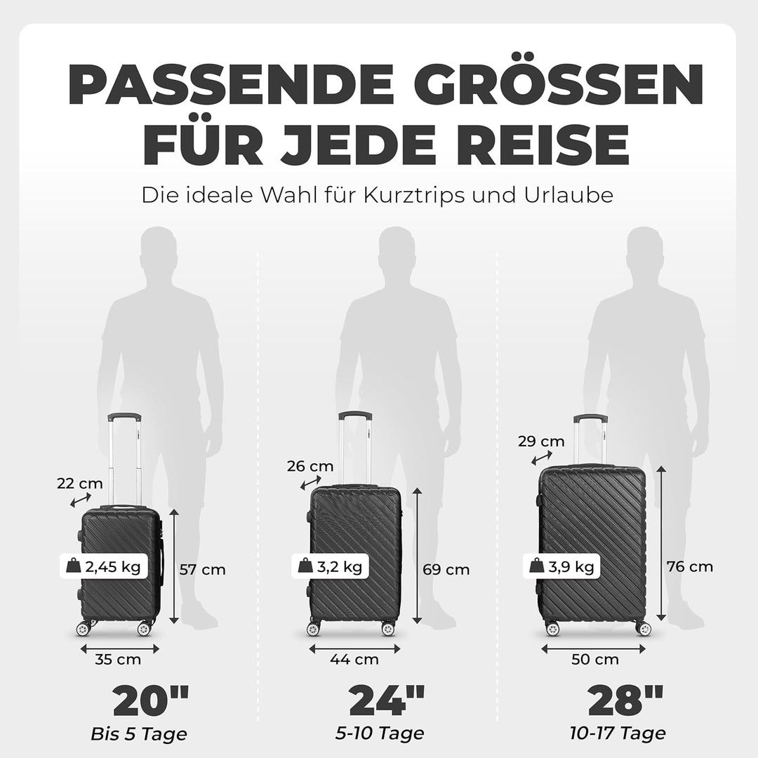 3erKoffersetXXL Komplettpaket – Sichere und leichte ABS Hartschalenkoffer 20"24"28" mit Rollen – Rei