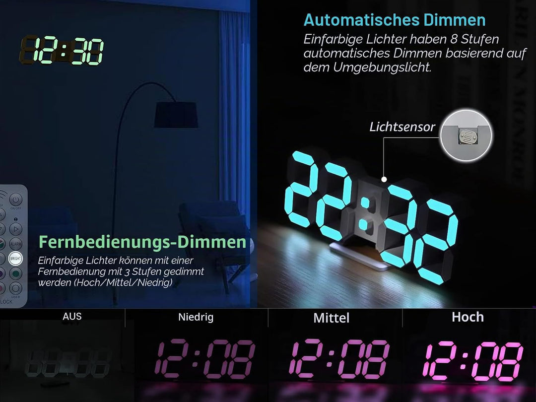 KOSUMOSU Wanduhr, Neon-Digitaluhr, 3D-LED-Schreibtischuhr, grosses Display, 24.6 cm, RGB-Uhr, ästhet