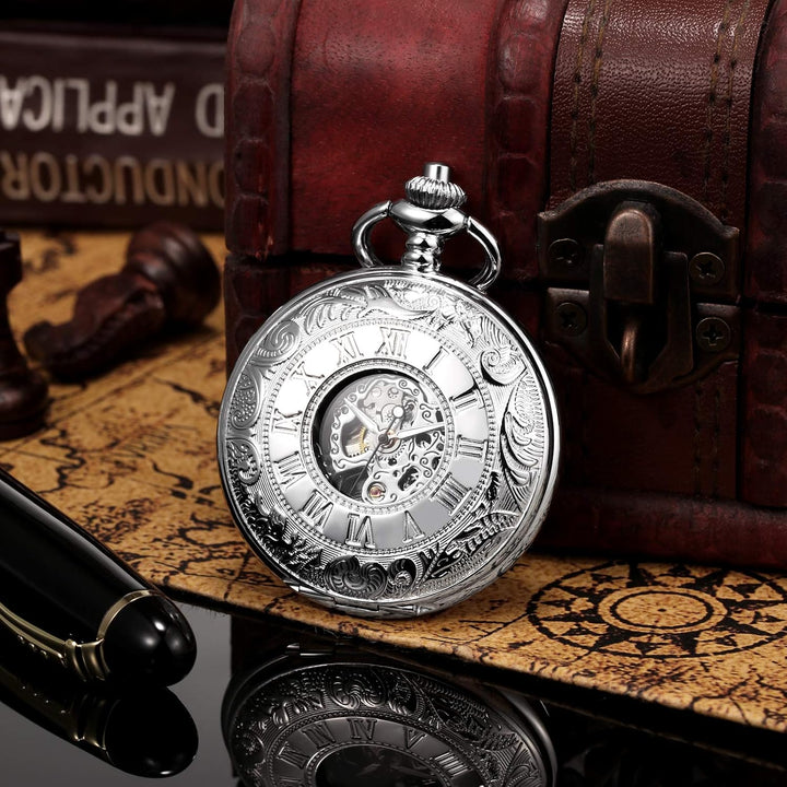 TREEWETO Unisex Taschenuhr mit Kette Mechanische Handaufzug Doppelscharnier Antik Skelett Römische Z
