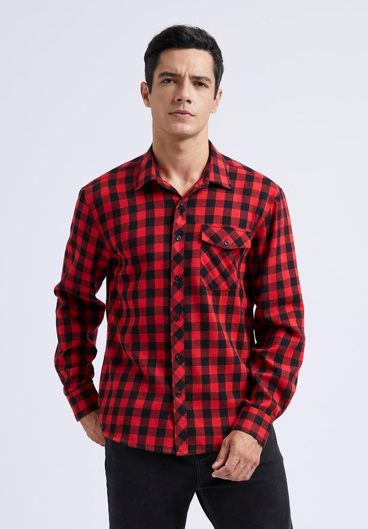 HISDERN Herren Hemd Checked Flanell Shirt, Herren Langarm Oberteil für Männer mit Brusttaschen, Butt
