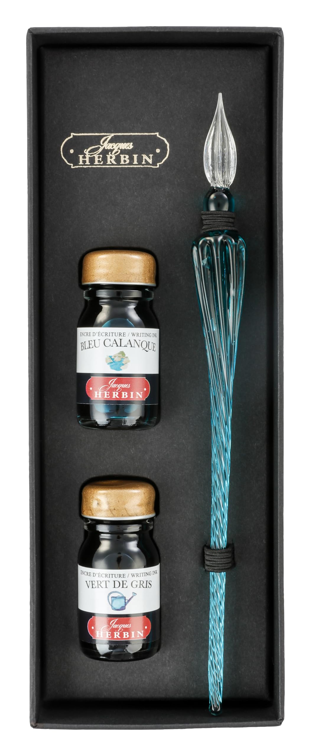 Jacques Herbin 29337T - Coffret avec 2 encres 10 ml, Vert de gris et Bleu calanque, et une plume de