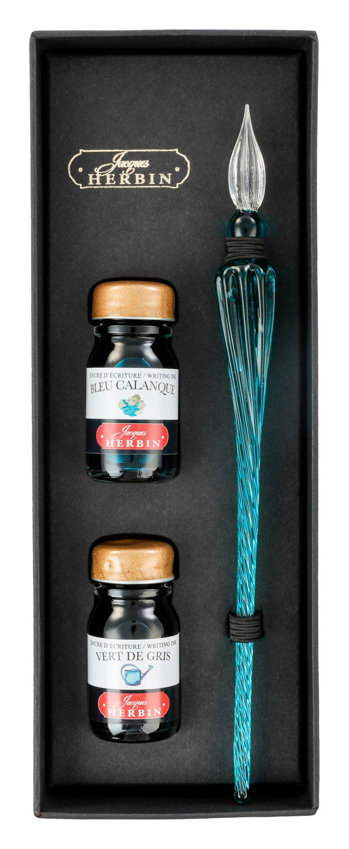 Jacques Herbin 29337T - Coffret avec 2 encres 10 ml, Vert de gris et Bleu calanque, et une plume de