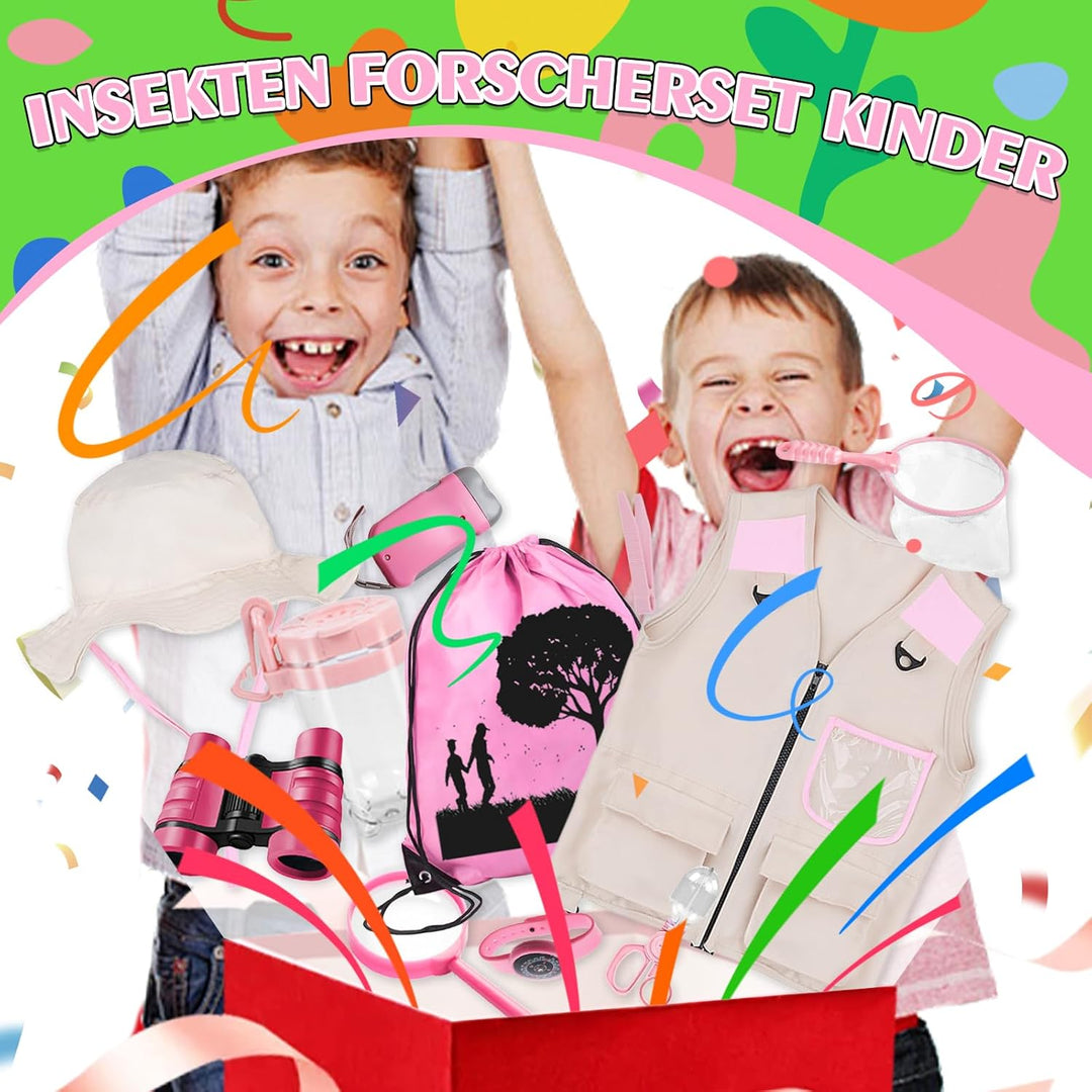 Xerteam Forscherset für Kinder, 11Pcs Safari Kostüm mit Entdeckerhut Weste Fernglas Kinder Schmetter