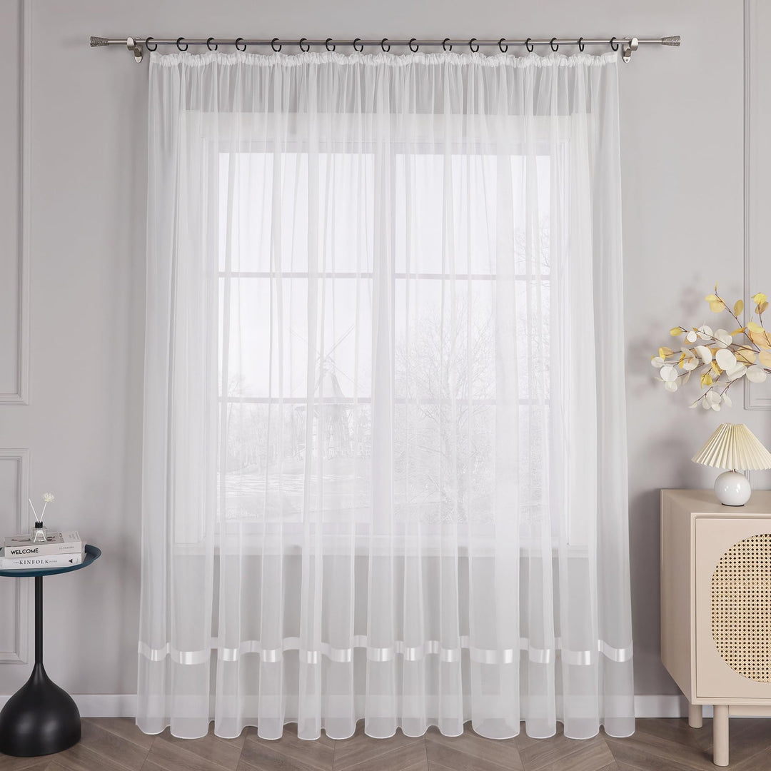 HongYa Stores Voile Gardine Schal Transparenter Vorhang mit Satinband Kräuselband H/B 245/450 cm Wei