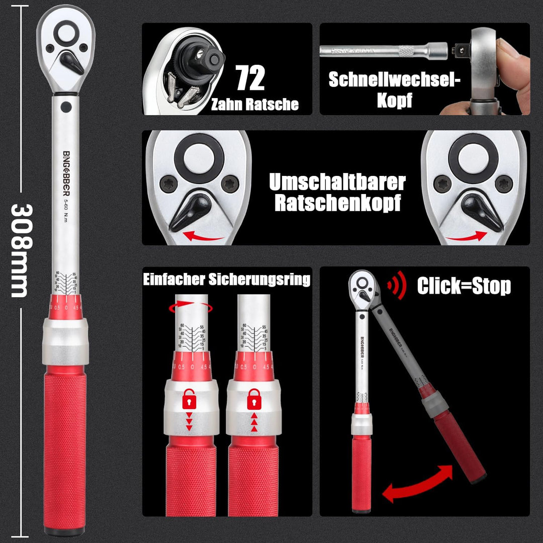 Drehmomentschlüssel 3/8”,5-60NM Drehmomentschlüssel Fahrrad & Motordad Auto Set mit viel Zubehör wi