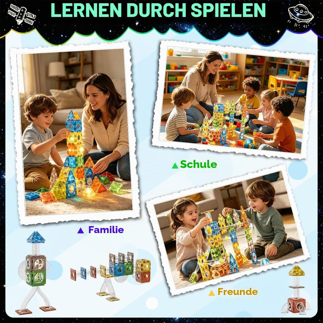 VICTERR Magnetische Bausteine Montessori Spielzeug 105 Teile mit LED &amp; Kugelbahn – STEM Montessori S
