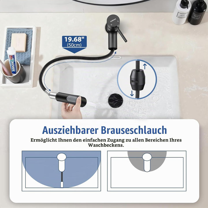 HURRAN Ausziehbare Wasserhahn Bad, Einhebelmischer für Waschbecken, Niedrig Waschtischarmatur mit 2