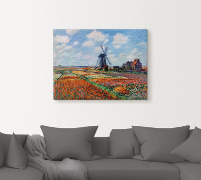 ARTland Leinwandbilder Wandbild Bild auf Leinwand 80x60 cm Wanddeko Idyll Dorf Windmühle Blumen Tulp