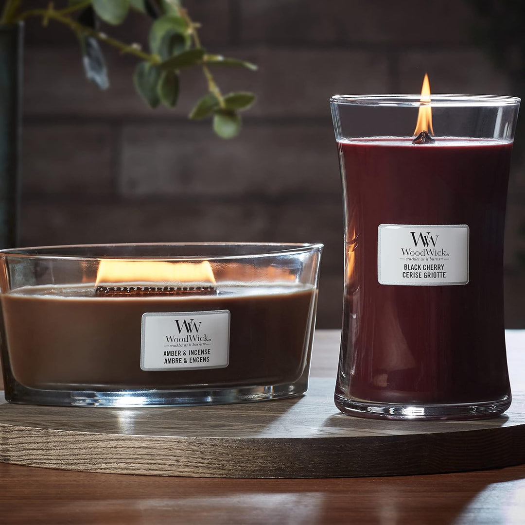 Ellipsenförmige WoodWick Duftkerze mit knisterndem Docht Black Cherry, bis zu 50 Stunden Brenndauer,