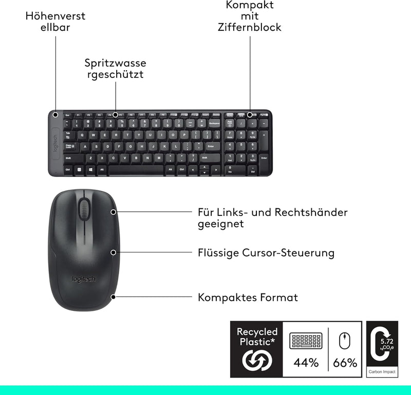 Logitech MK220 Kompaktes, Kabelloses Set mit Tastatur und Maus für Windows, US QWERTY-Layout - Schwa