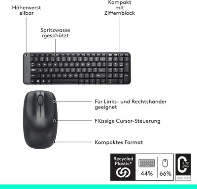 Logitech MK220 Kompaktes, Kabelloses Set mit Tastatur und Maus für Windows, US QWERTY-Layout - Schwa