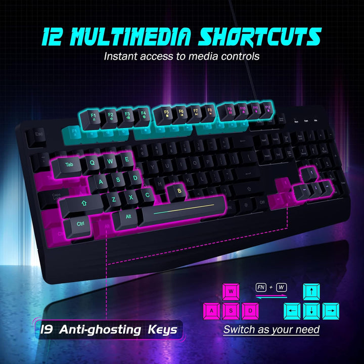 yesbeaut Gaming-Tastatur, 7-farbige Regenbogen-LED-Hintergrundbeleuchtung, 104 Tasten, leise beleuch