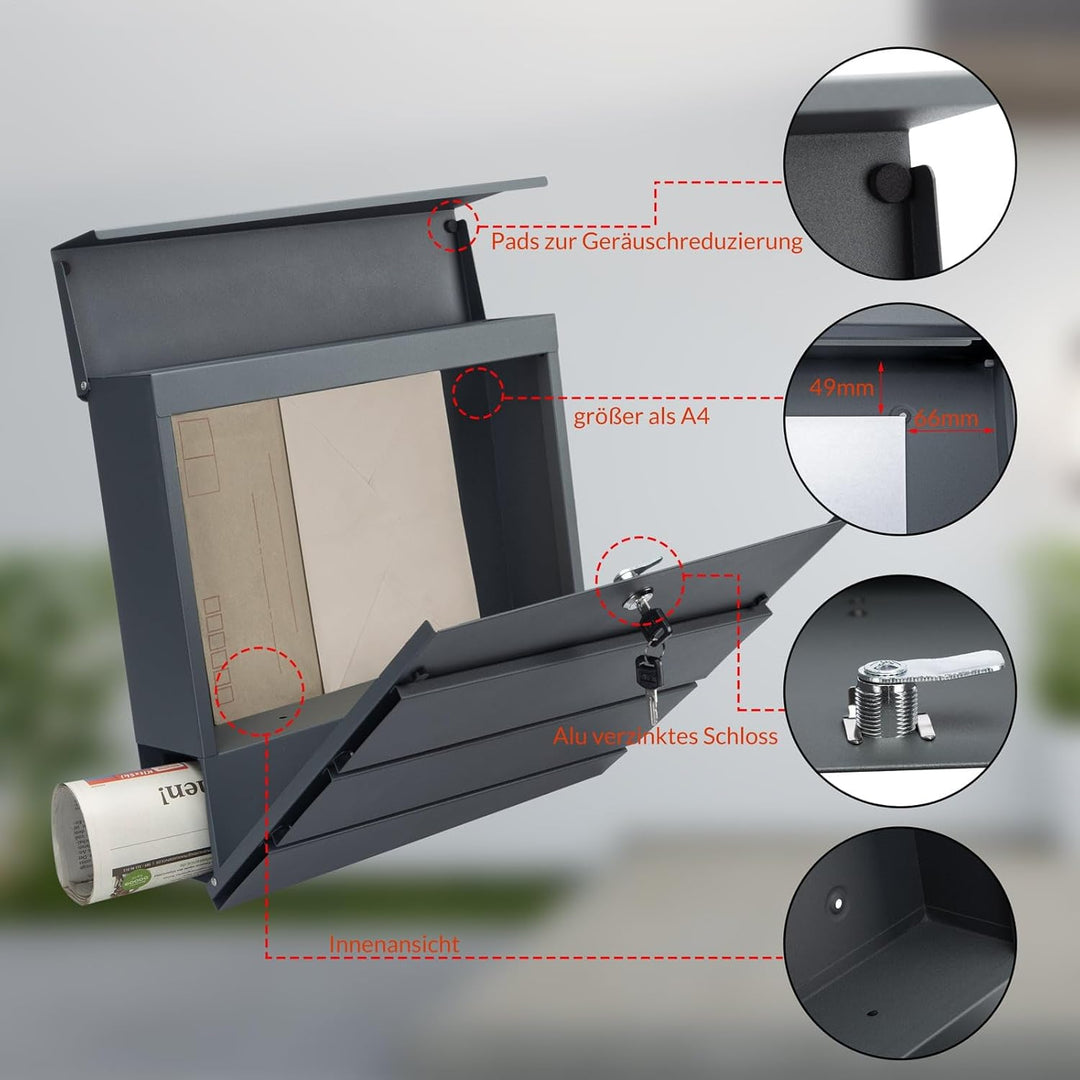 MONZANA® XXL Briefkasten Postkasten mit Zeitungsfach abschliessbar 2 Schlüssel Montagematerial Stahl