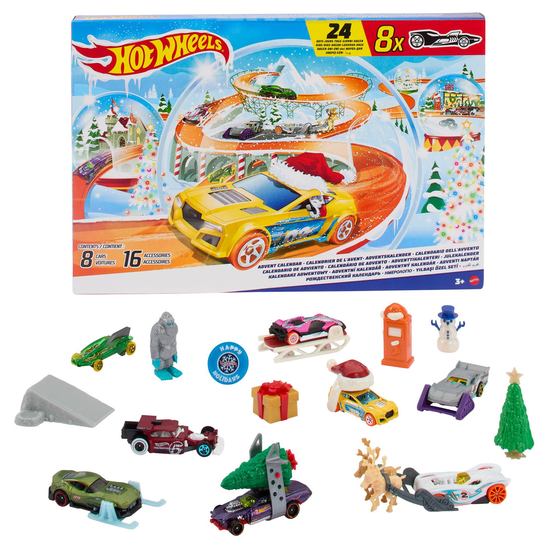 Hot Wheels Spielzeugautos, Adventskalender 2024, 8 Hot Wheels Autos im Massstab 1:64, hinter 24 numm