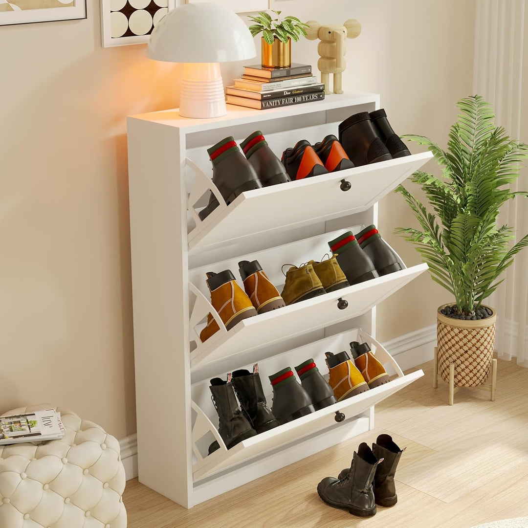 VOWNER Schuhschrank mit 3 Klappen, Schuhregal Schuhkipper Schmal, Schuhschrank Weiss, mit 6 Fächern,