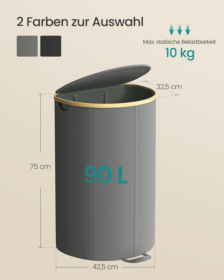SONGMICS Wäschekorb, Wäschesammler, 90 Liter, Wäschetonne mit Deckel, Wäschesack herausnehmbar, für