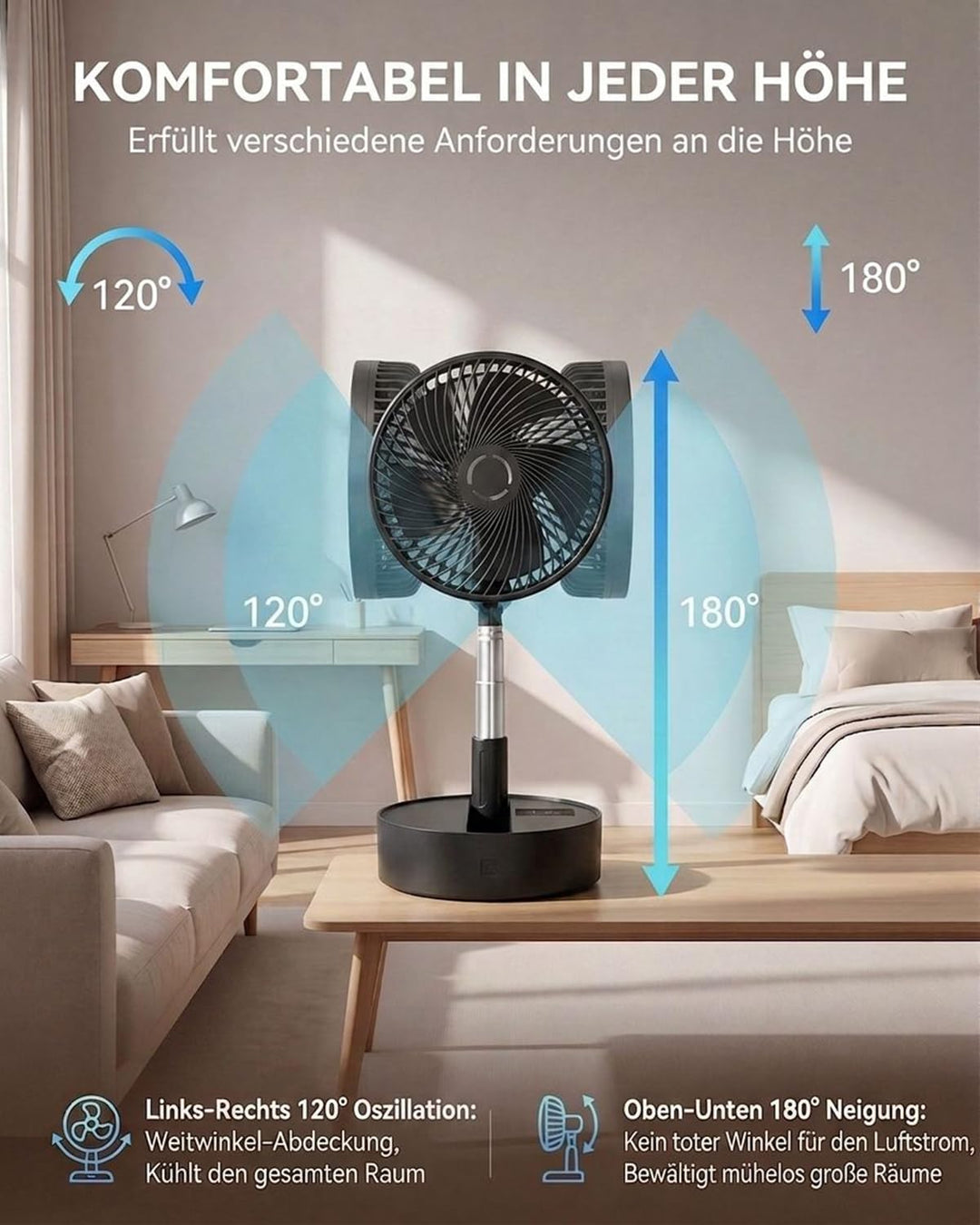 Leise 8" Tragbarer Standventilator mit Fernbedienung, 8000mAh Akku Aufladbar USB C Tischventilator,