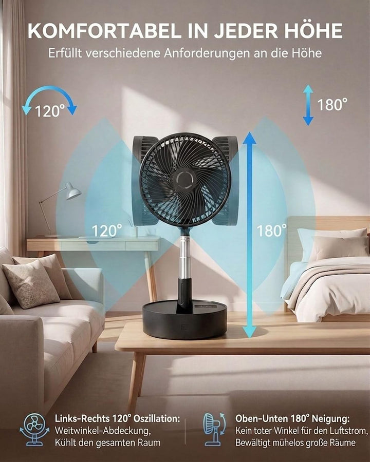 Leise 8" Tragbarer Standventilator mit Fernbedienung, 8000mAh Akku Aufladbar USB C Tischventilator,
