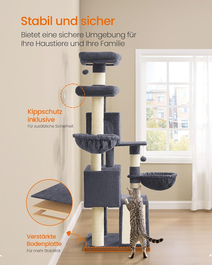 Feandrea Kratzbaum, 175 cm hoch, XL, mehrstöckiger Katzenbaum mit 2 Höhlen, 2 Liegemulden, 8 Kratzsä