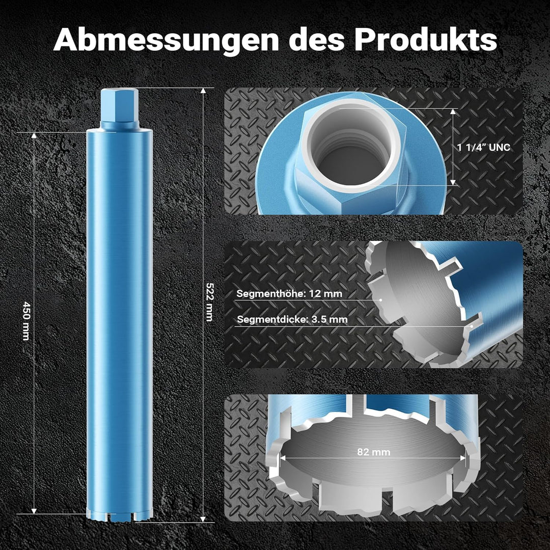 Wiltec Diamantbohrkrone Typ 1 (Shark) Ø 82 mm, Bohrkrone 450 mm, 1¼ UNC Nassbohrkrone, Diamantbohrer