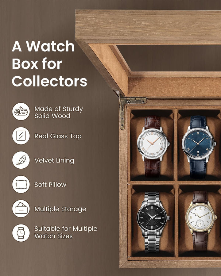 Uten Uhrenbox mit 12 Fächern, Uhrenbox aus Massivholz mit Glasabdeckung, Aufbewahrungsbox für Herren