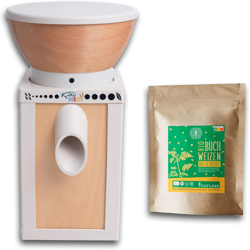 KoMoMio natur| Made in Austria | Edelkorund und Keramik Mahlstein | + 2,5 kg Bio Buchweizen KoMoMio