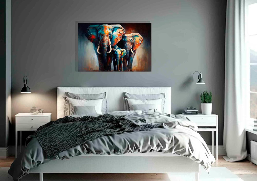 Artley Prints - Elefantenfamilie in der Wildnis, bunte Leinwand-Wandkunst für Wohnzimmer, gerahmt, a