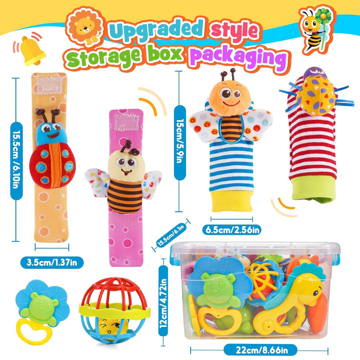 Baby Spielzeug ab 0-12 Monate, 14 Pcs Rasseln Beissring Set mit Aufbewahrungsbox Babyspielzeug ab 0-
