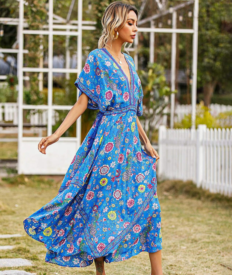 R.Vivimos Damen Sommer Boho Drucken Sexy Tiefem V-Ausschnitt Lang Kleid Rückenfrei Fledermaus Ärmel