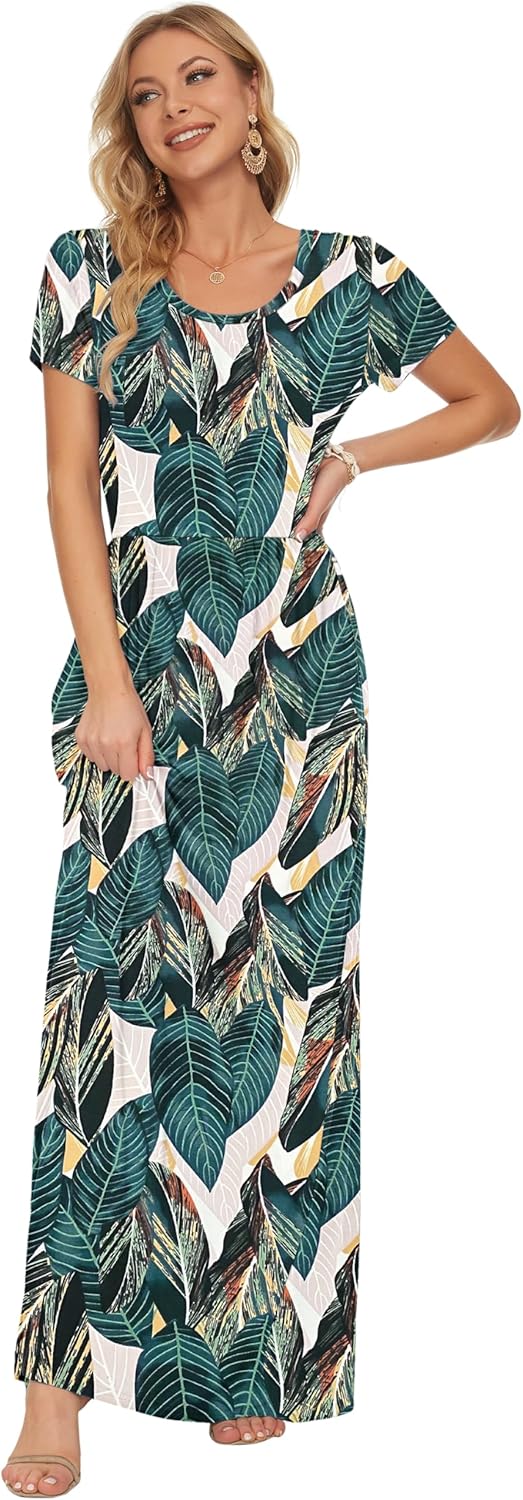 AUSELILY Damen Kurzarm Sommer Casual Long Maxi Kleider mit Taschen Bananenblatt S, Bananenblatt S