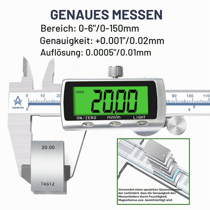 Messschieber Digital, ACEMETER Schieblehre mit Hintergrundbeleuchtung 150mm / 6-Zoll mit Gross Lcd P