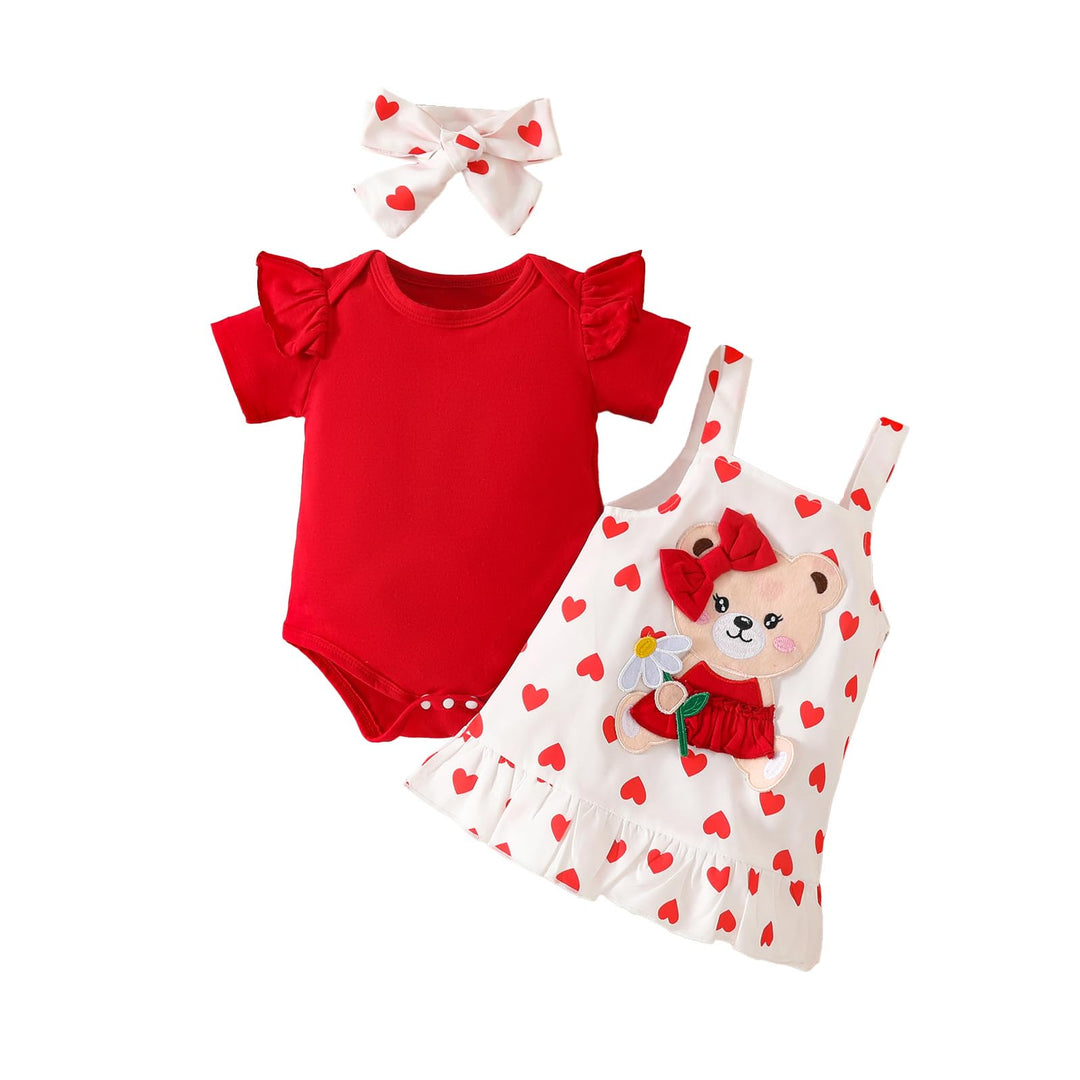 Baby Outfits für Mädchen mit Herz Print kurzärmelig Strampler Hosenträgerrock Bären Kleid Schleife S