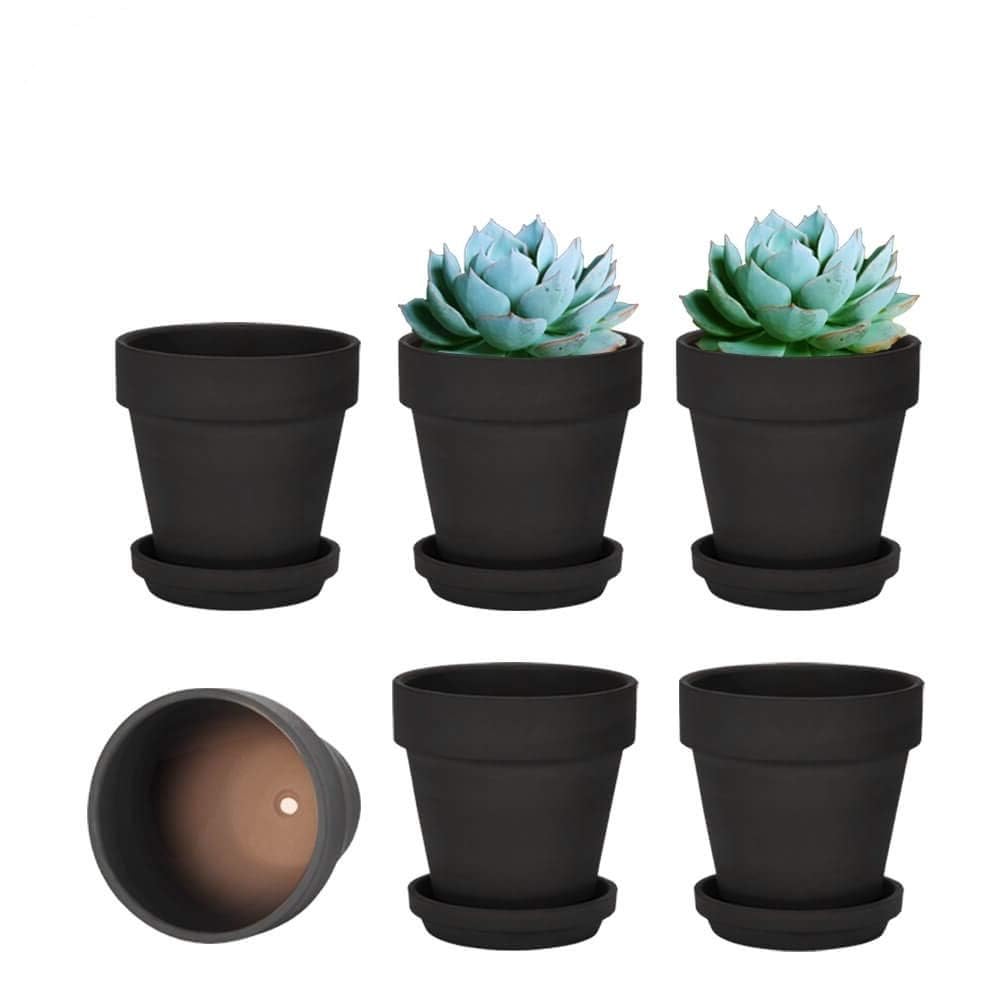 vensovo 10,2cm Schwarzer Tontopf für Pflanzen mit Untertasse - 6er Pack Kleiner Terrakotta-Pflanzent