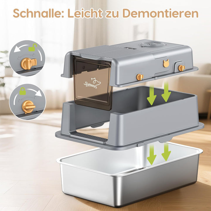 Katzenklo Edelstahl XXL mit Deckel, Streuluft-Desodorierungssystem | 105° Klappdeckel 3-in-1 Grosse