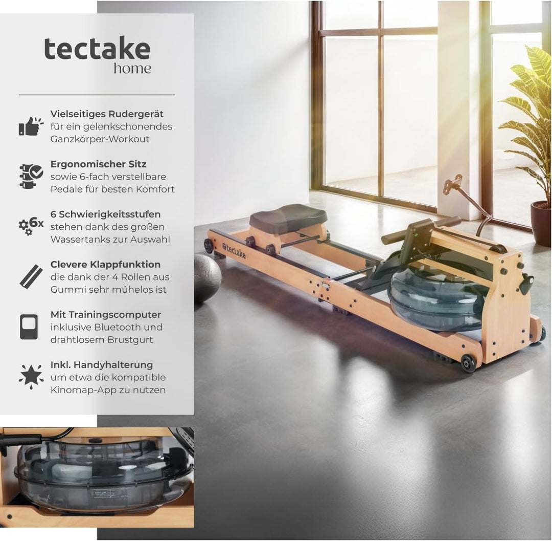 tectake® Wasser Rudergerät für Zuhause + Pulsgurt, Holzrudergerät Heimtrainer mit Wassertank, Wasser