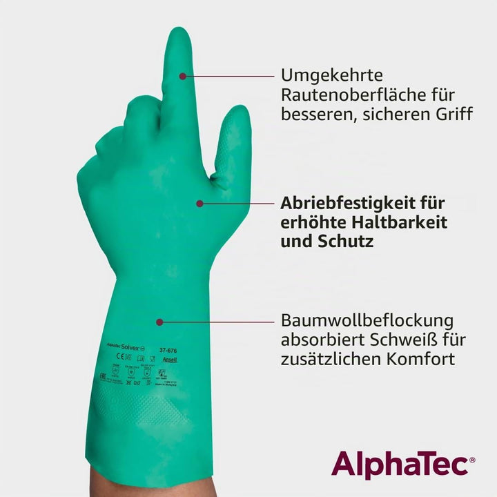 Ansell AlphaTec 37-676 Nitril-Handschuhe, Chemikalien- und Flüssigkeitsschutz, Grün, Grösse 10 (12 P