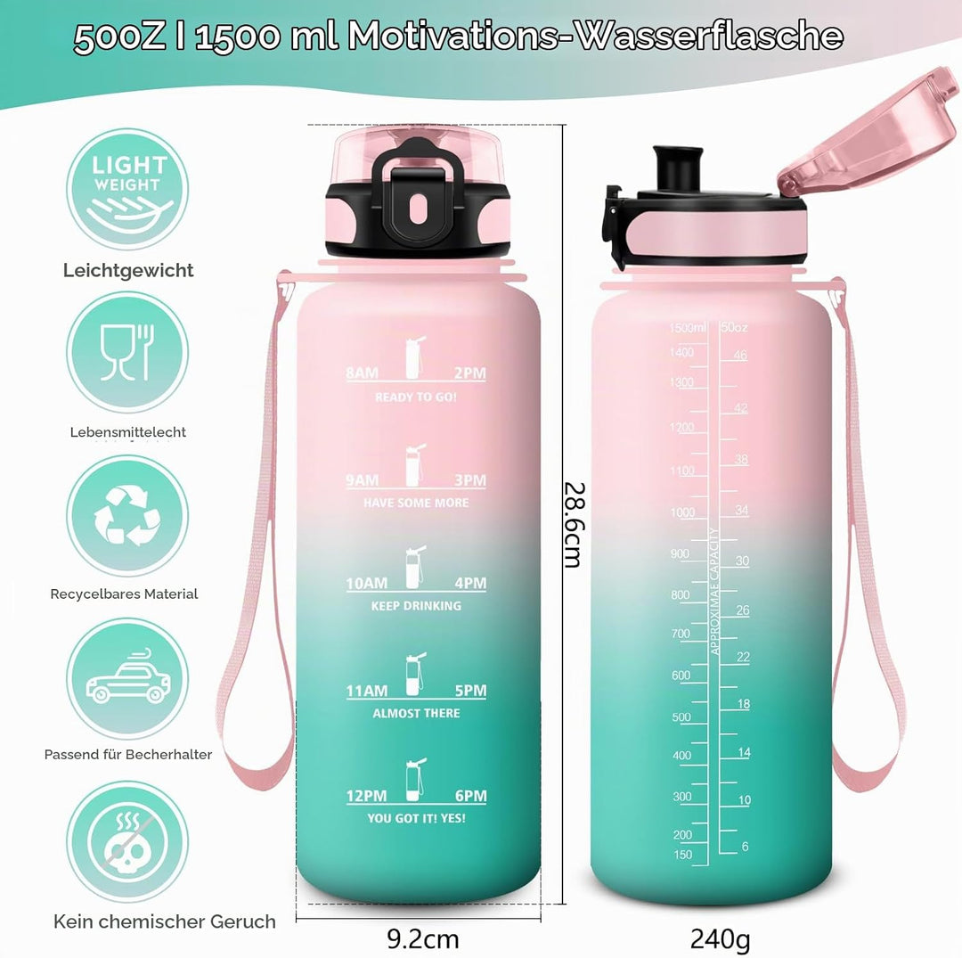 KollyKolla Trinkflasche Kohlensäure Geeignet, 500ml/1L/1.5L, Sport Trinkflasche mit Zeitmarkierung,